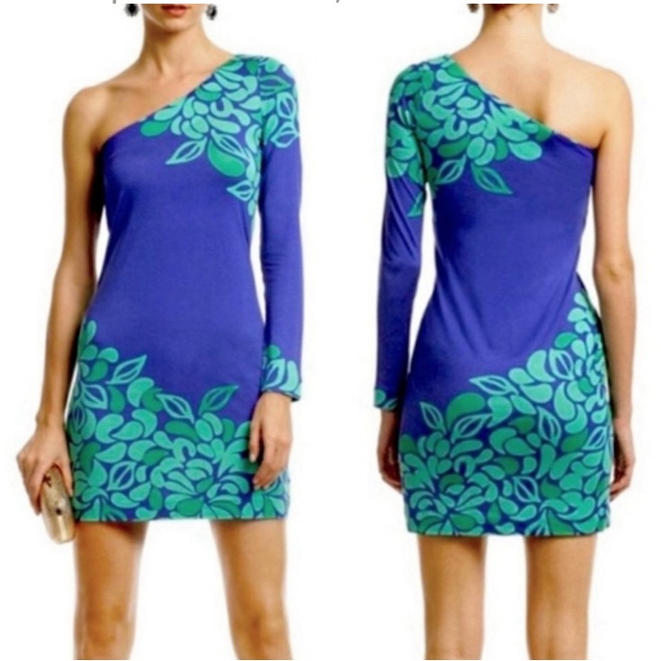 Lilly Pulitzer Whitaker Mini Dress One Shoulder Silk Peacock Blue Green Large